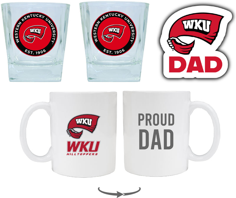 Western Kentucky Hilltoppers Collegiate Dad Gift Set - Proud Dad Decal, Coffee Mug & Whiskey Glasses 