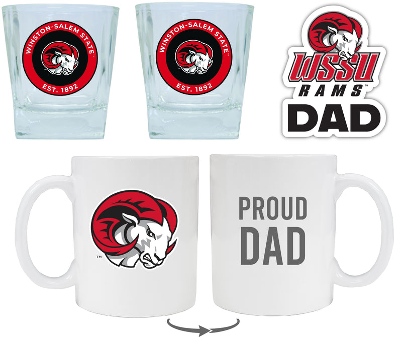 Winston-Salem State Collegiate Dad Gift Set - Proud Dad Decal, Coffee Mug & Whiskey Glasses 