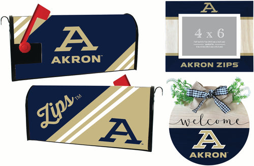 Akron Zips Officially Licensed Home Decor Pack - Magnetic Mailbox Cover, Wooden Welcome Wreath Sign & Photo Frame 