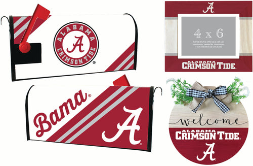 Alabama Crimson Tide Officially Licensed Home Decor Pack - Magnetic Mailbox Cover, Wooden Welcome Wreath Sign & Photo Frame 