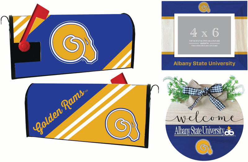 Albany State University Officially Licensed Home Decor Pack - Magnetic Mailbox Cover, Wooden Welcome Wreath Sign & Photo Frame 