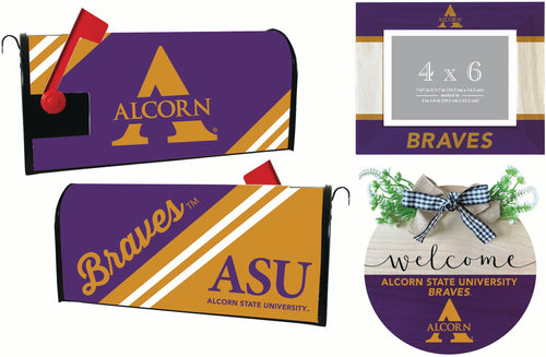 Alcorn State Braves Officially Licensed Home Decor Pack - Magnetic Mailbox Cover, Wooden Welcome Wreath Sign & Photo Frame 