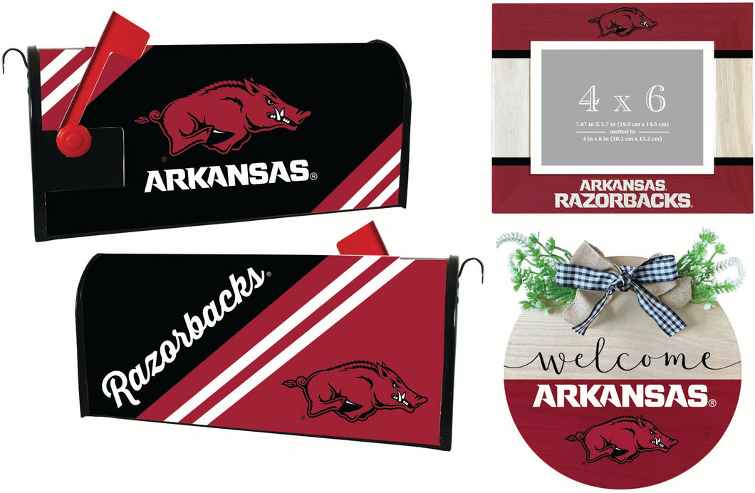 Arkansas Razorbacks Officially Licensed Home Decor Pack - Magnetic Mailbox Cover, Wooden Welcome Wreath Sign & Photo Frame 