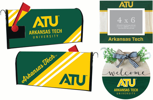 Arkansas Tech University Officially Licensed Home Decor Pack - Magnetic Mailbox Cover, Wooden Welcome Wreath Sign & Photo Frame 