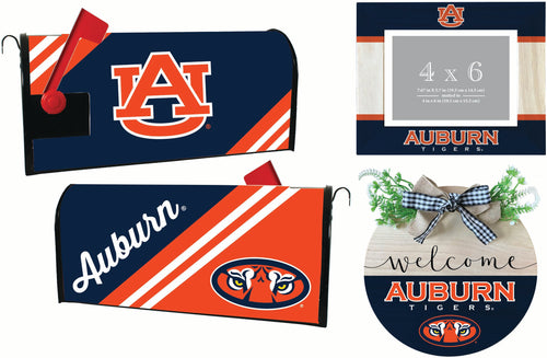 Auburn Tigers Officially Licensed Home Decor Pack - Magnetic Mailbox Cover, Wooden Welcome Wreath Sign & Photo Frame 