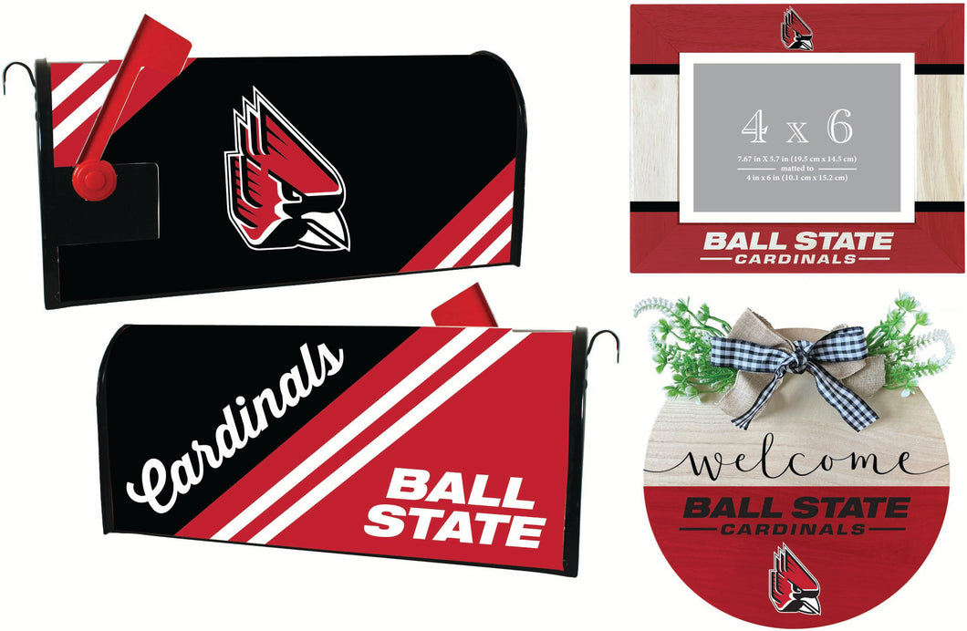 Ball State University Officially Licensed Home Decor Pack - Magnetic Mailbox Cover, Wooden Welcome Wreath Sign & Photo Frame 