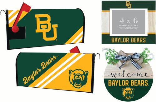 Baylor Bears Officially Licensed Home Decor Pack - Magnetic Mailbox Cover, Wooden Welcome Wreath Sign & Photo Frame 