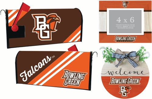 Bowling Green Falcons Officially Licensed Home Decor Pack - Magnetic Mailbox Cover, Wooden Welcome Wreath Sign & Photo Frame 