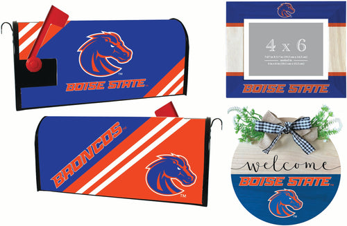 Boise State Broncos Officially Licensed Home Decor Pack - Magnetic Mailbox Cover, Wooden Welcome Wreath Sign & Photo Frame 