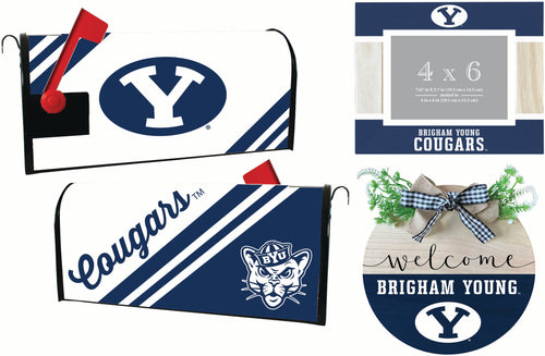 Brigham Young Cougars Officially Licensed Home Decor Pack - Magnetic Mailbox Cover, Wooden Welcome Wreath Sign & Photo Frame 