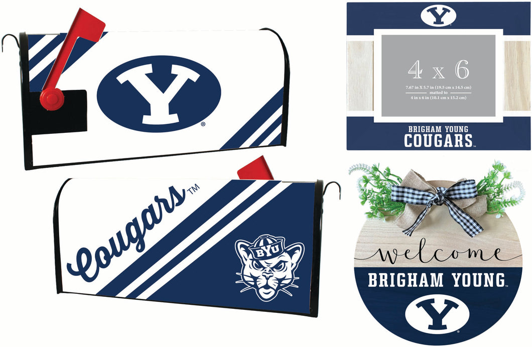Brigham Young Cougars Officially Licensed Home Decor Pack - Magnetic Mailbox Cover, Wooden Welcome Wreath Sign & Photo Frame 