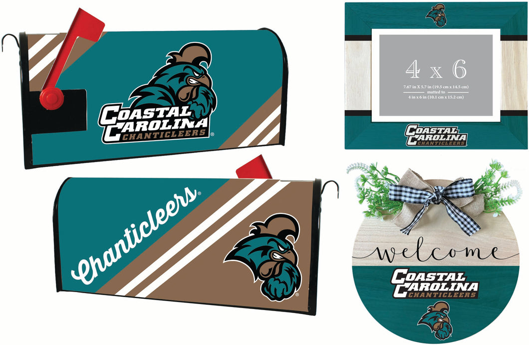 Coastal Carolina University Officially Licensed Home Decor Pack - Magnetic Mailbox Cover, Wooden Welcome Wreath Sign & Photo Frame 