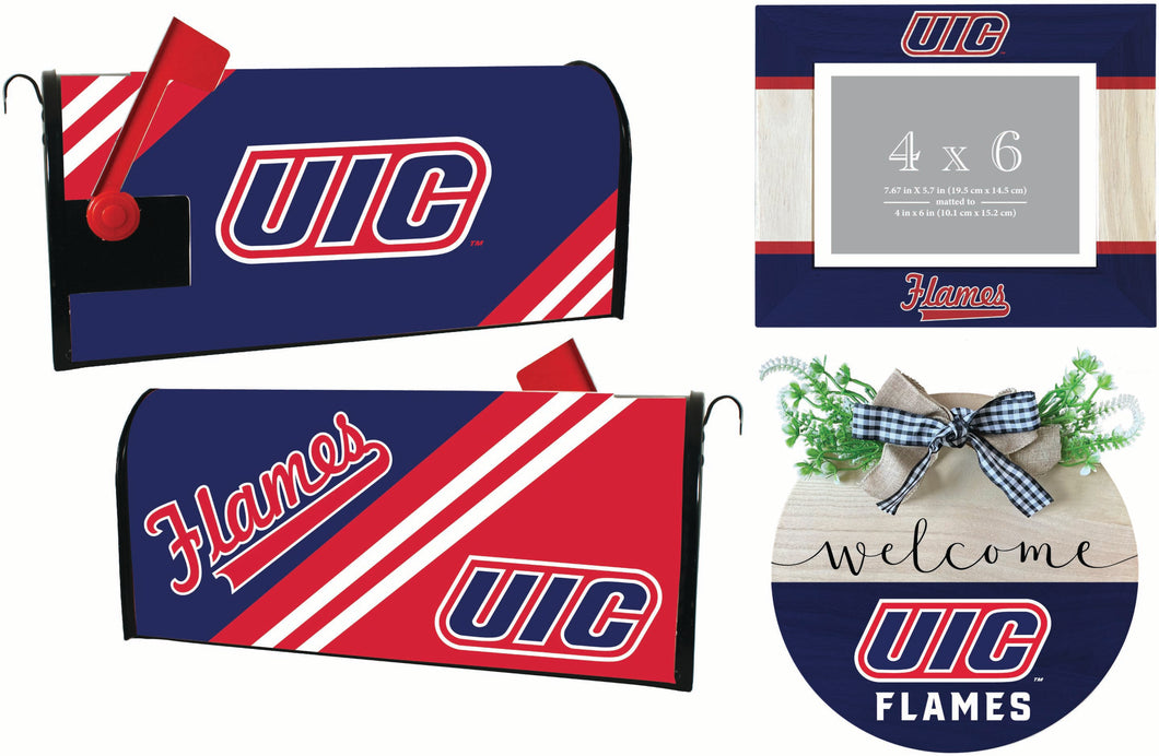 University of Illinois at Chicago Officially Licensed Home Decor Pack - Magnetic Mailbox Cover, Wooden Welcome Wreath Sign & Photo Frame 