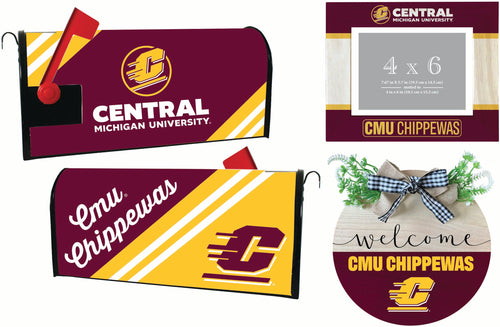 Central Michigan University Officially Licensed Home Decor Pack - Magnetic Mailbox Cover, Wooden Welcome Wreath Sign & Photo Frame 
