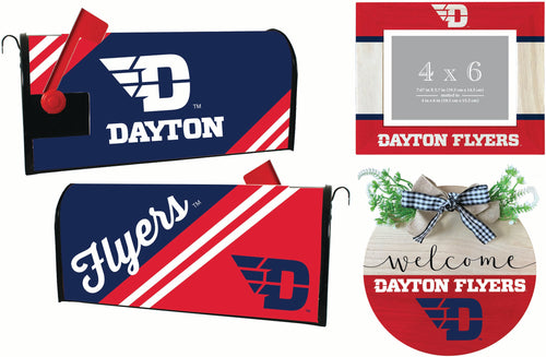 Dayton Flyers Officially Licensed Home Decor Pack - Magnetic Mailbox Cover, Wooden Welcome Wreath Sign & Photo Frame 