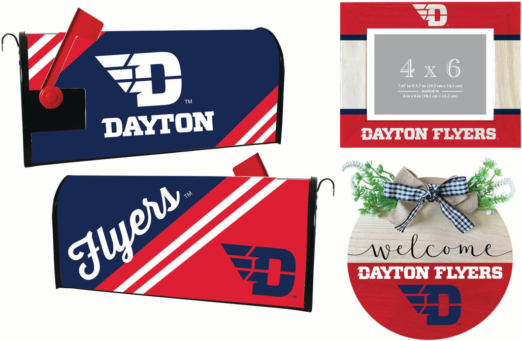 Dayton Flyers Officially Licensed Home Decor Pack - Magnetic Mailbox Cover, Wooden Welcome Wreath Sign & Photo Frame 