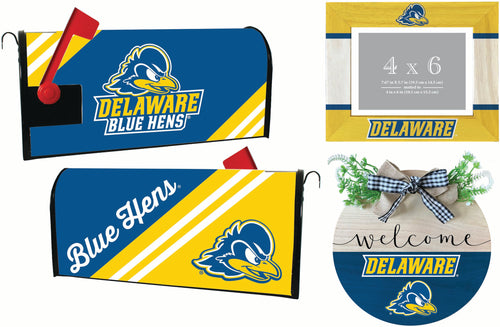 Delaware Blue Hens Officially Licensed Home Decor Pack - Magnetic Mailbox Cover, Wooden Welcome Wreath Sign & Photo Frame 