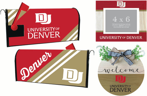 University of Denver Pioneers Officially Licensed Home Decor Pack - Magnetic Mailbox Cover, Wooden Welcome Wreath Sign & Photo Frame 