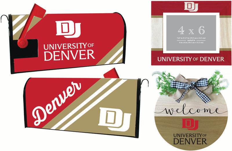 University of Denver Pioneers Officially Licensed Home Decor Pack - Magnetic Mailbox Cover, Wooden Welcome Wreath Sign & Photo Frame 