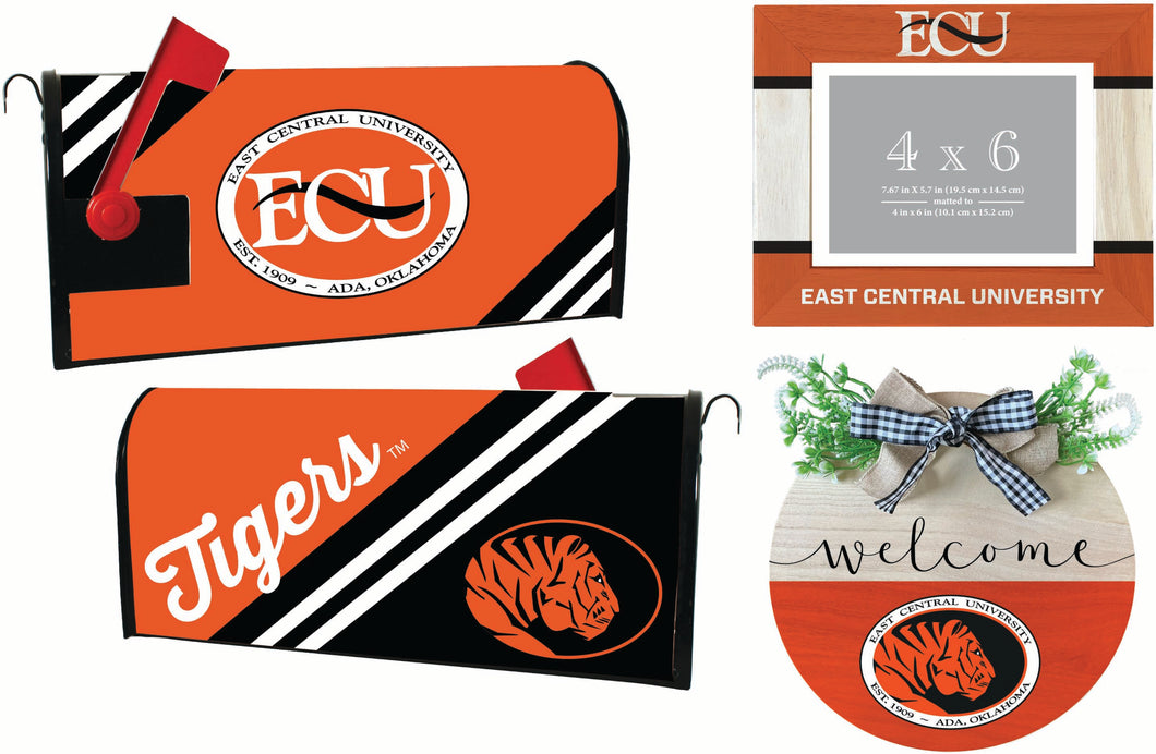 East Central University Tigers Officially Licensed Home Decor Pack - Magnetic Mailbox Cover, Wooden Welcome Wreath Sign & Photo Frame 