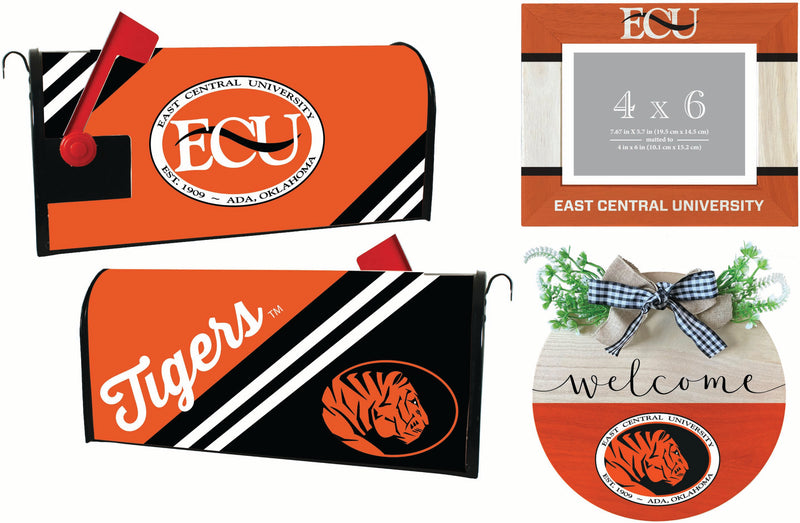 East Central University Tigers Officially Licensed Home Decor Pack - Magnetic Mailbox Cover, Wooden Welcome Wreath Sign & Photo Frame 