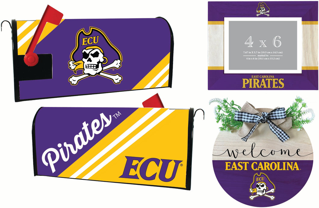 East Carolina Pirates Officially Licensed Home Decor Pack - Magnetic Mailbox Cover, Wooden Welcome Wreath Sign & Photo Frame 