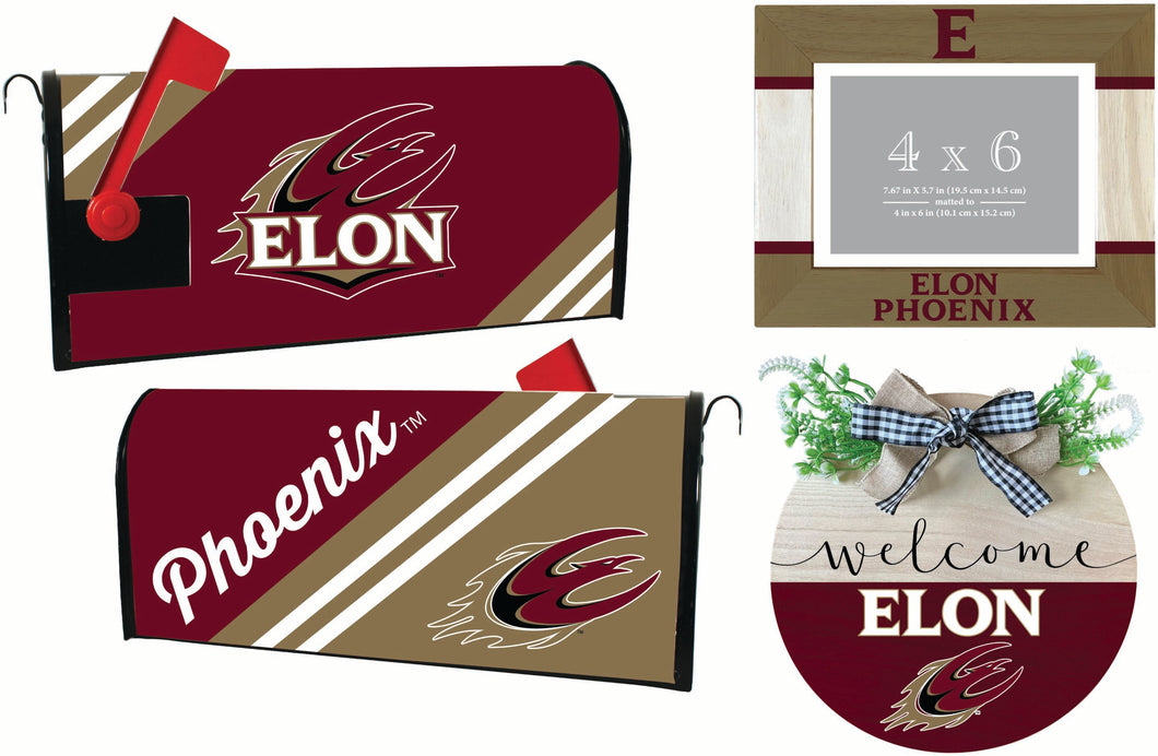 Elon University Officially Licensed Home Decor Pack - Magnetic Mailbox Cover, Wooden Welcome Wreath Sign & Photo Frame 