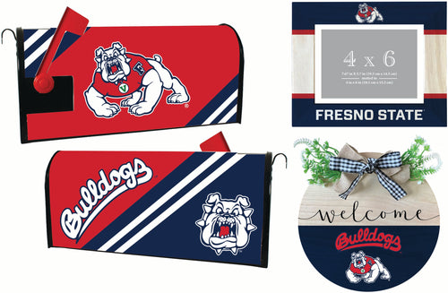 Fresno State Bulldogs Officially Licensed Home Decor Pack - Magnetic Mailbox Cover, Wooden Welcome Wreath Sign & Photo Frame 