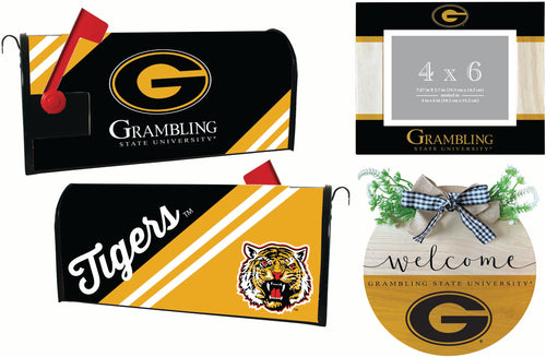 Grambling State Tigers Officially Licensed Home Decor Pack - Magnetic Mailbox Cover, Wooden Welcome Wreath Sign & Photo Frame 