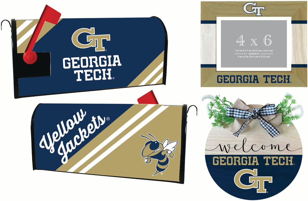 Georgia Tech Yellow Jackets Officially Licensed Home Decor Pack - Magnetic Mailbox Cover, Wooden Welcome Wreath Sign & Photo Frame 