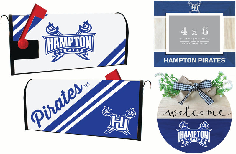 Hampton University Officially Licensed Home Decor Pack - Magnetic Mailbox Cover, Wooden Welcome Wreath Sign & Photo Frame 