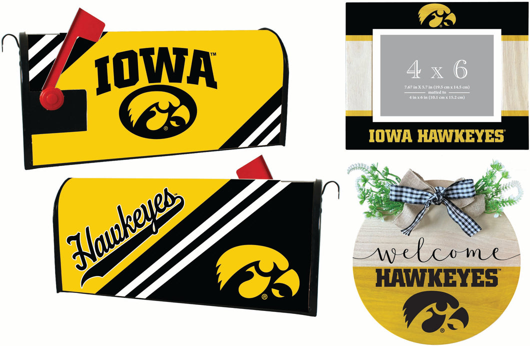 Iowa Hawkeyes Officially Licensed Home Decor Pack - Magnetic Mailbox Cover, Wooden Welcome Wreath Sign & Photo Frame 