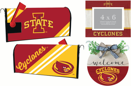 Iowa State Cyclones Officially Licensed Home Decor Pack - Magnetic Mailbox Cover, Wooden Welcome Wreath Sign & Photo Frame 
