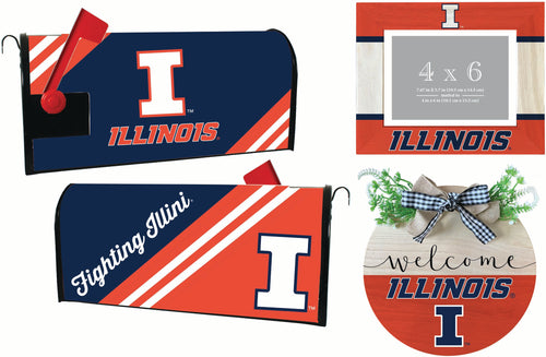 Illinois Fighting Illini Officially Licensed Home Decor Pack - Magnetic Mailbox Cover, Wooden Welcome Wreath Sign & Photo Frame 