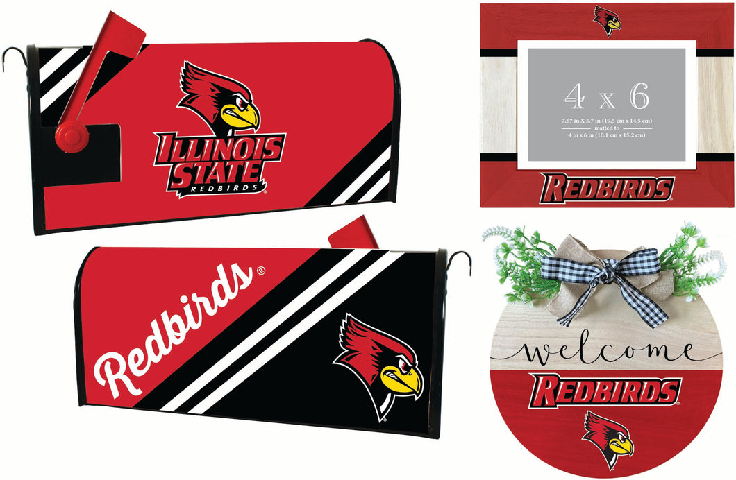 Illinois State Redbirds Officially Licensed Home Decor Pack - Magnetic Mailbox Cover, Wooden Welcome Wreath Sign & Photo Frame 
