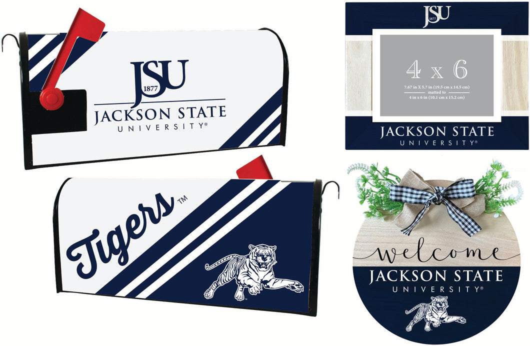 Jackson State University Officially Licensed Home Decor Pack - Magnetic Mailbox Cover, Wooden Welcome Wreath Sign & Photo Frame 