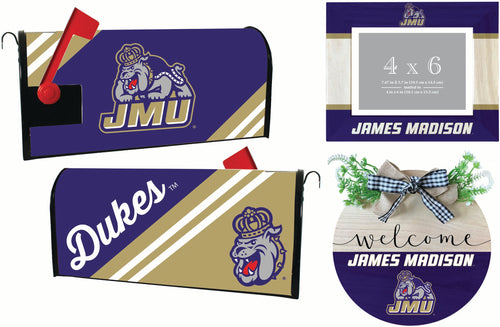 James Madison Dukes Officially Licensed Home Decor Pack - Magnetic Mailbox Cover, Wooden Welcome Wreath Sign & Photo Frame 