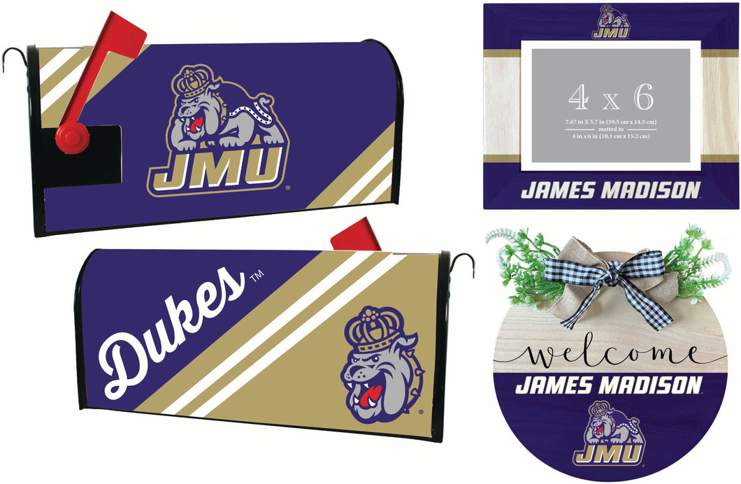 James Madison Dukes Officially Licensed Home Decor Pack - Magnetic Mailbox Cover, Wooden Welcome Wreath Sign & Photo Frame 