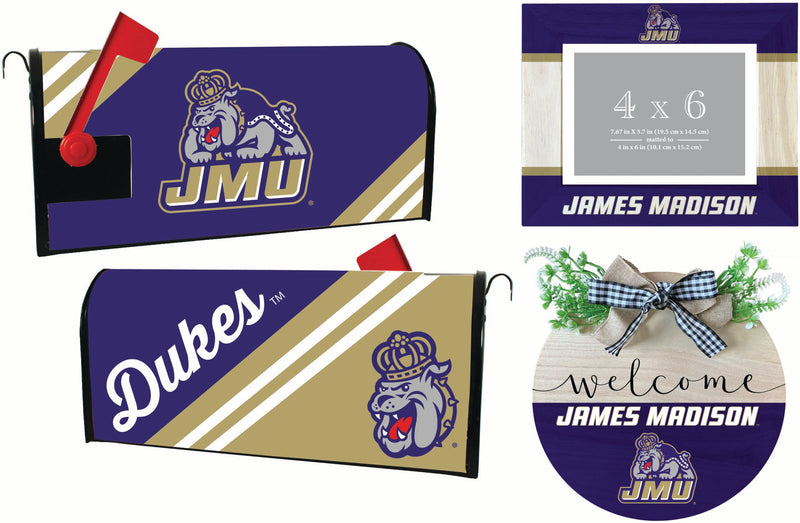 James Madison Dukes Officially Licensed Home Decor Pack - Magnetic Mailbox Cover, Wooden Welcome Wreath Sign & Photo Frame 