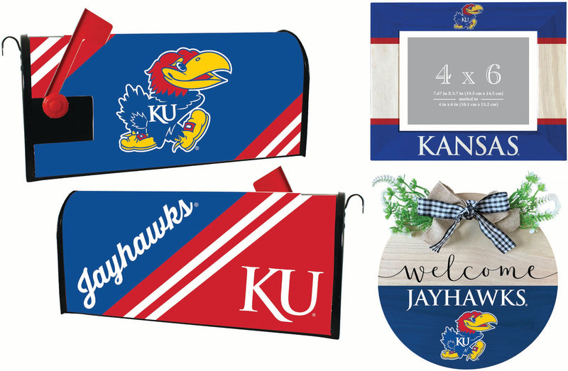Kansas Jayhawks Officially Licensed Home Decor Pack - Magnetic Mailbox Cover, Wooden Welcome Wreath Sign & Photo Frame 