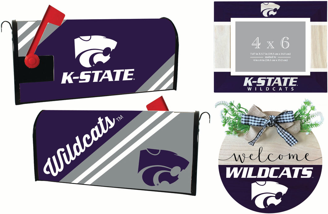 Kansas State Wildcats Officially Licensed Home Decor Pack - Magnetic Mailbox Cover, Wooden Welcome Wreath Sign & Photo Frame 