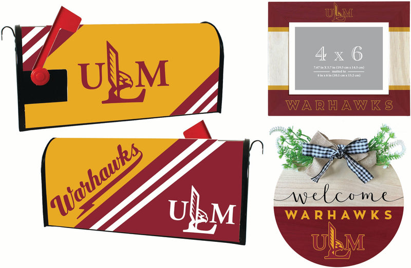 University of Louisiana Monroe Officially Licensed Home Decor Pack - Magnetic Mailbox Cover, Wooden Welcome Wreath Sign & Photo Frame 