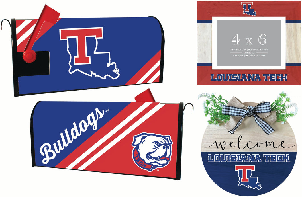 Louisiana Tech Bulldogs Officially Licensed Home Decor Pack - Magnetic Mailbox Cover, Wooden Welcome Wreath Sign & Photo Frame 