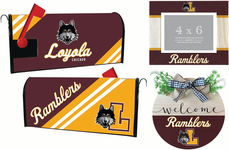 Loyola University Ramblers Officially Licensed Home Decor Pack - Magnetic Mailbox Cover, Wooden Welcome Wreath Sign & Photo Frame 