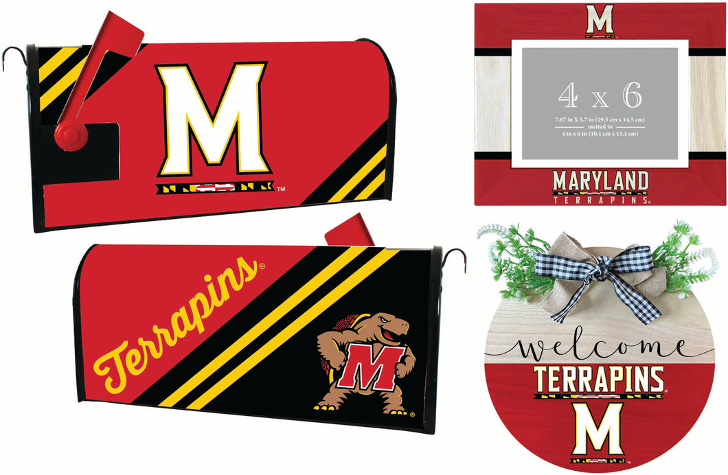Maryland Terrapins Officially Licensed Home Decor Pack - Magnetic Mailbox Cover, Wooden Welcome Wreath Sign & Photo Frame 