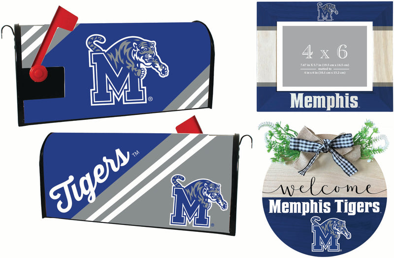 Memphis Tigers Officially Licensed Home Decor Pack - Magnetic Mailbox Cover, Wooden Welcome Wreath Sign & Photo Frame 