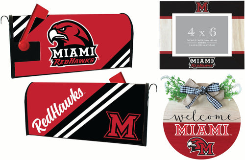 Miami University of Ohio Officially Licensed Home Decor Pack - Magnetic Mailbox Cover, Wooden Welcome Wreath Sign & Photo Frame 