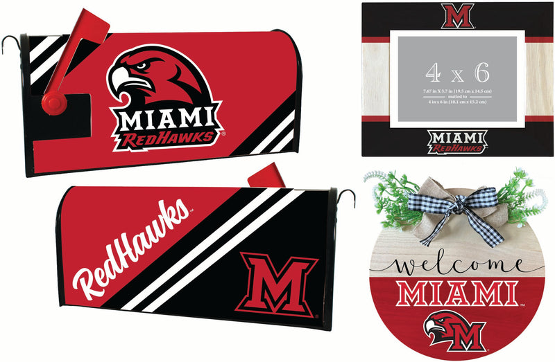 Miami University of Ohio Officially Licensed Home Decor Pack - Magnetic Mailbox Cover, Wooden Welcome Wreath Sign & Photo Frame 