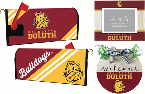 Minnesota Duluth Bulldogs Officially Licensed Home Decor Pack - Magnetic Mailbox Cover, Wooden Welcome Wreath Sign & Photo Frame 