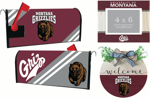 Montana University Officially Licensed Home Decor Pack - Magnetic Mailbox Cover, Wooden Welcome Wreath Sign & Photo Frame 